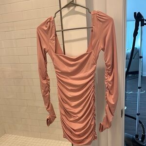 Oh Polly Pink Asymmetrical Ruched Bodycon Dress